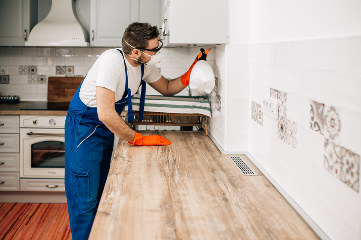 Exterminator in protective workwear spraying pesticide with sprayer in home kitchen.