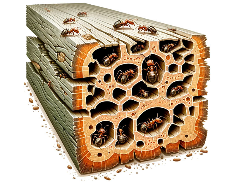 Hidden Havoc: Inside a Carpenter Ant-Infested Beam. This cross-section reveals the extensive damage often concealed within infested wood