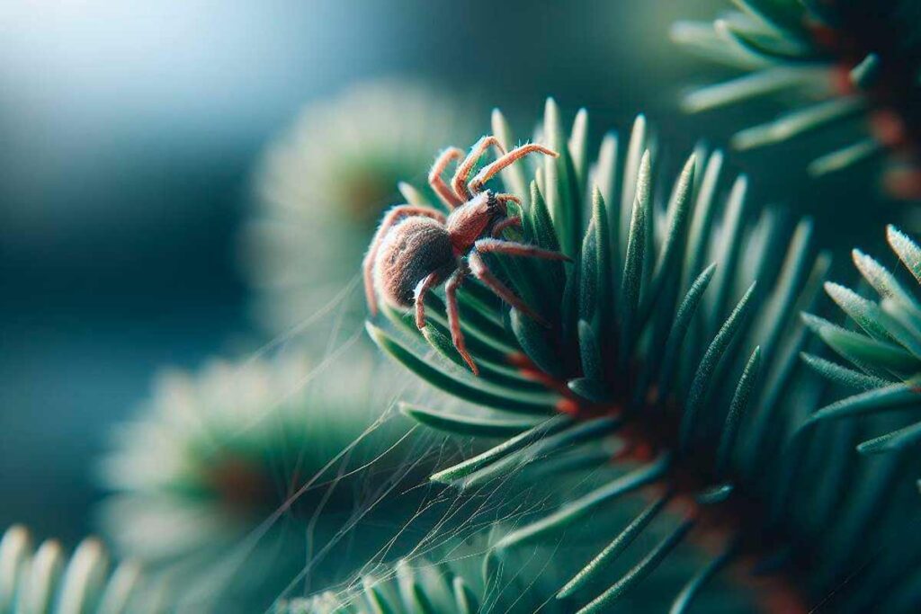 A Spider at Work: Weaving Webs Among the Pine Needles.